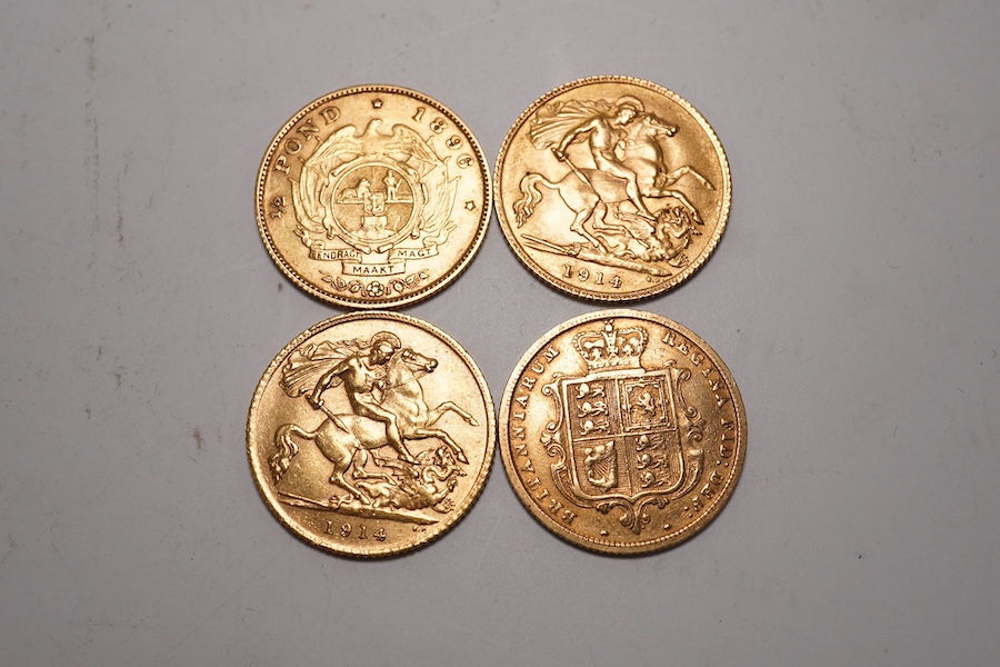 Gold coins, two George V gold half sovereigns, good VF, a Victoria gold half sovereign, 1883, fine, and a South Africa gold half pond 1896, good VF (4)